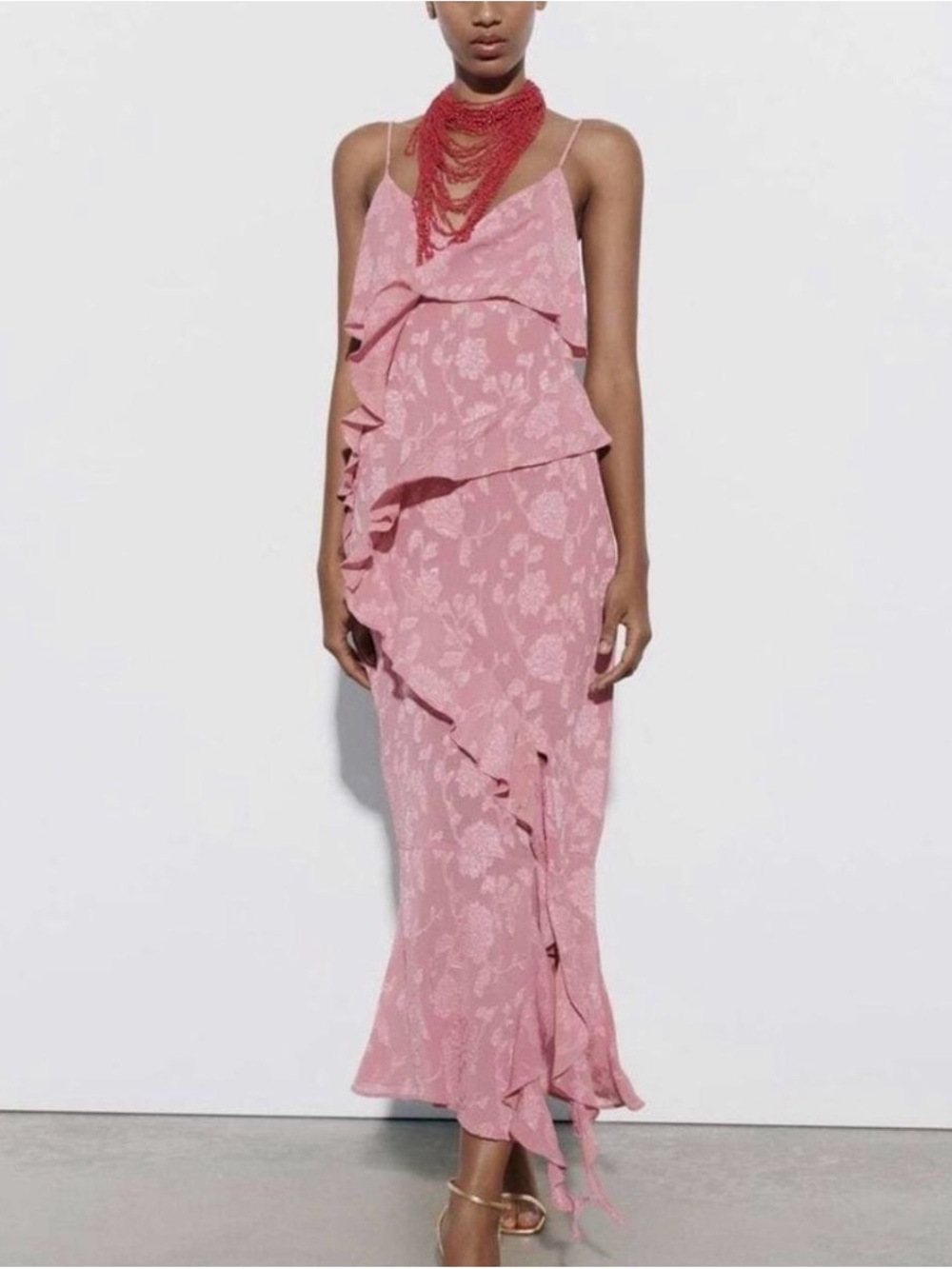 Zara Pink Ruffle High-Low Slip Dress